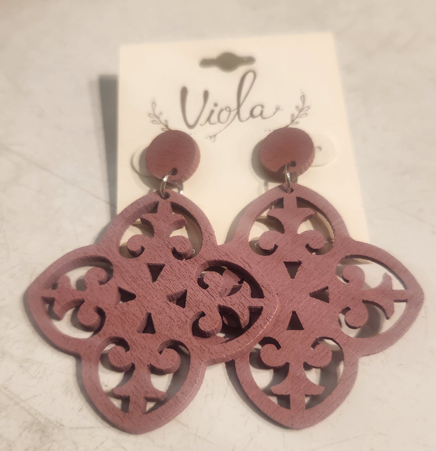 Dusty Pink Wood Filigree Earrings