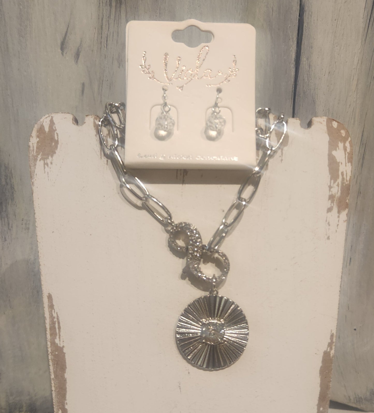 Silver Chain Link Necklace & Crystal Bead Earrings Set