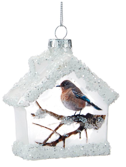 Brown Chickadee Frosted Glass Birdhouse Ornament