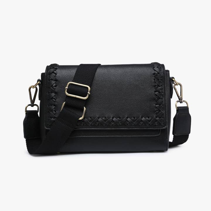 Black Francesca Whipstitch Flapover Crossbody