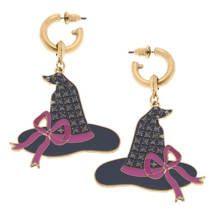 Black & Pink Witch Hat Enamel & Pave Earrings