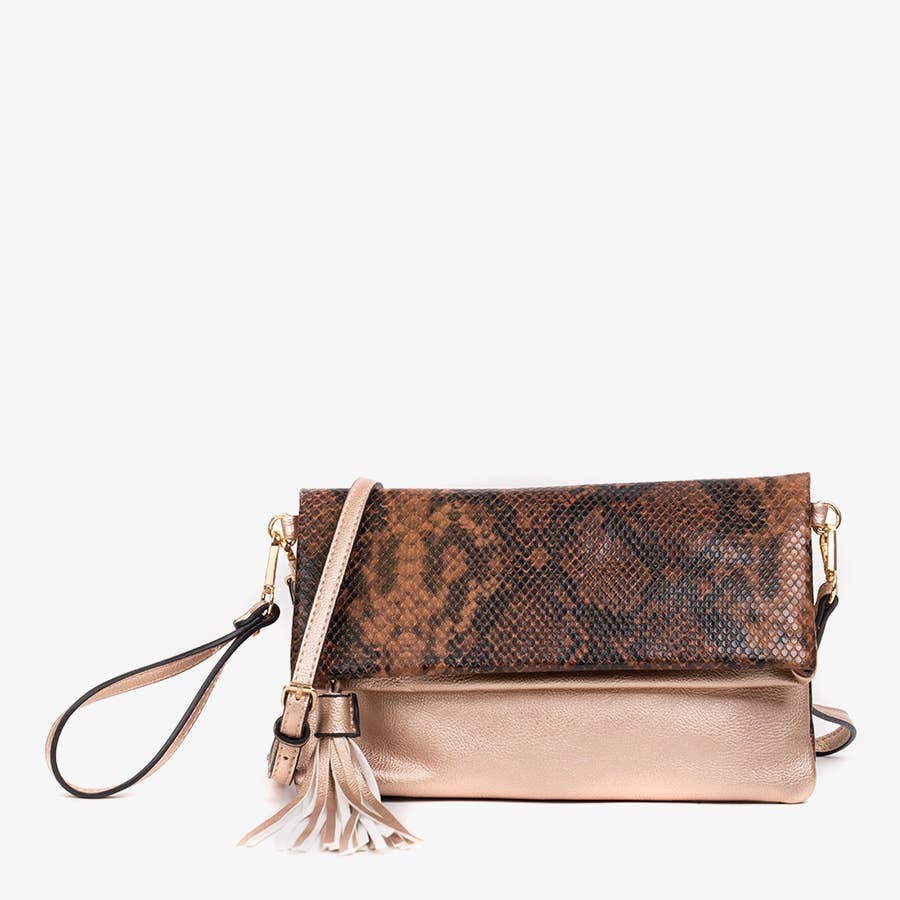 Python Bronze Austin Flapover Tassel Crossbody Clutch