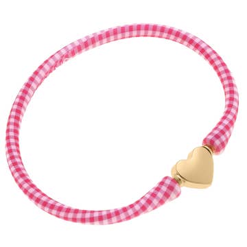 Pink Gingham Bali Heart Bead Silicone Bracelet