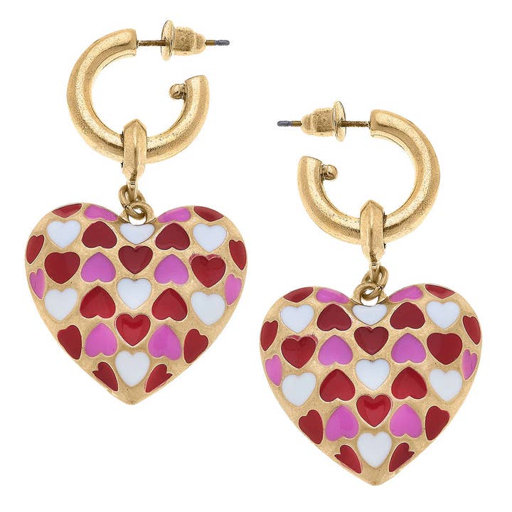 Pink Heart Drop Hoop Enamel Earrings