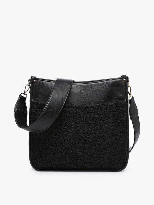 Black Chloe Teddy Trim Crossbody with Guitar Strap