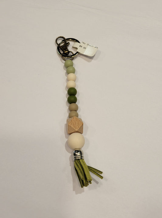 Green & Cream Embellished Wood Key Chain