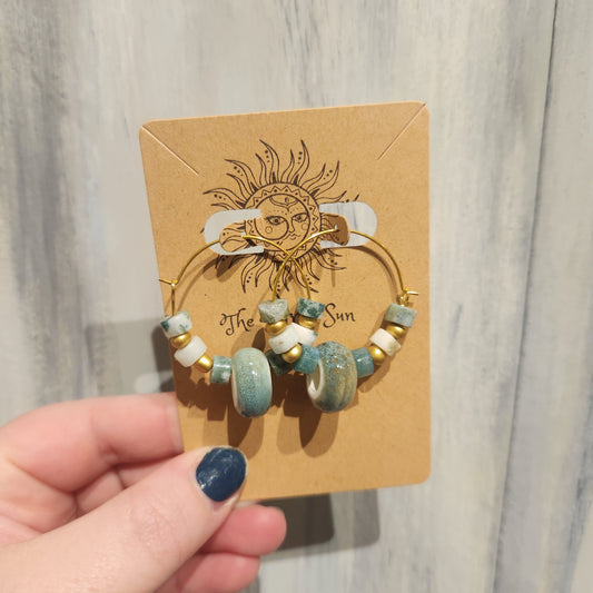 Blue Green Beaded Gold Hoop Earrings