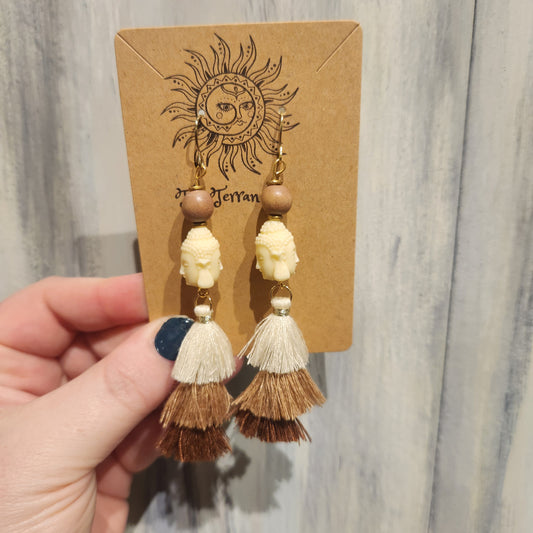 Cream & Brown Tassel Earrings