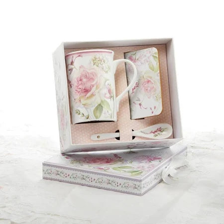 Moon Rose Porcelain Mug Coaster & Spoon Matching Gift Set