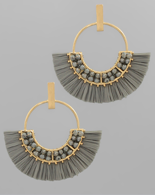 Gray Fan Shaped Seed Bead & Raffia Earrings