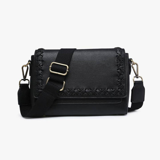 Black Francesca Whipstitch Flapover Crossbody
