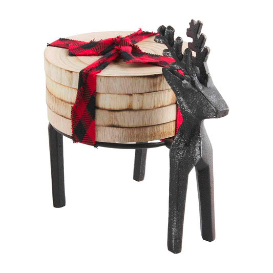Metal Deer & Wood Slab Coaster Set