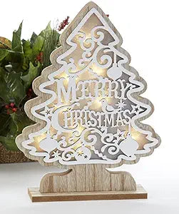White Wood Merry Christmas LED Tree