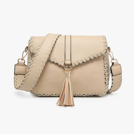 Tan Cam Whipstitch Flapover Crossbody with Tassel