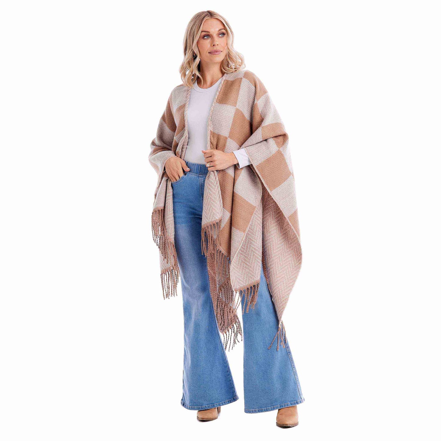 Beige & White Yvette Reversible Poncho