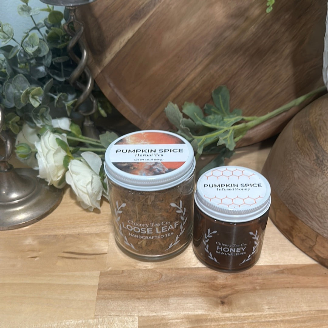 Chicory Tea Co.'s Pumpkin Spice Herbal Tea and Pumpkin Spice Honey in the jar, view from front