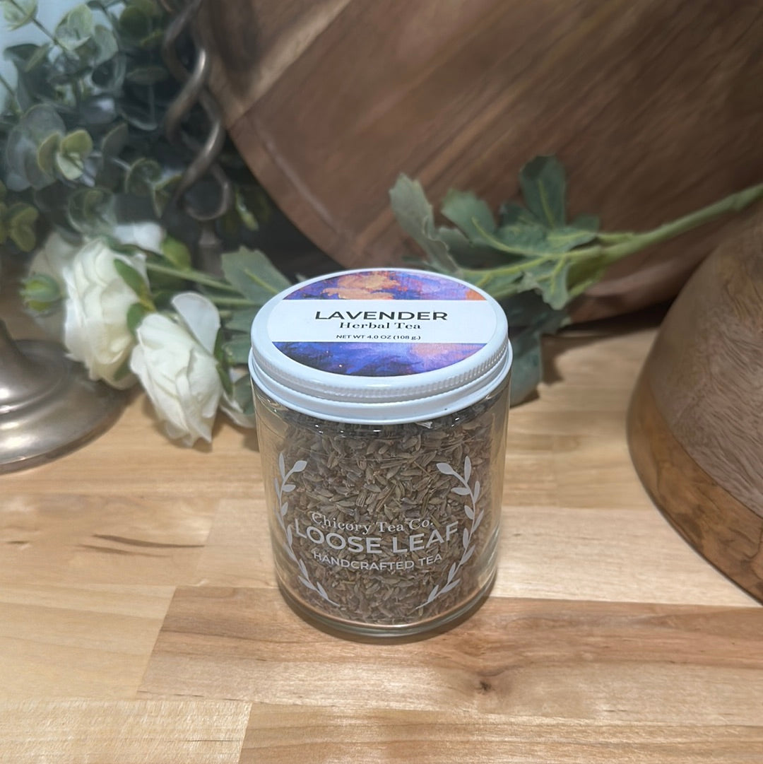 An artistic product photo of Chicory Tea Co.'s Lavender Mint in the jar, view from front