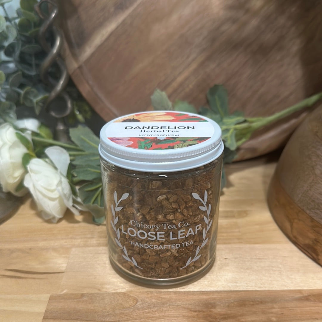 An artistic product photo of Chicory Tea Co.'s Dandelion Herbal Tea in the jar, view from the front