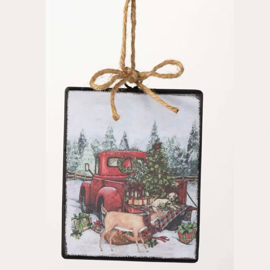 Classic Red Truck & Tree Metal Ornament