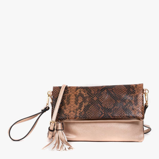 Python Bronze Austin Flapover Tassel Crossbody Clutch